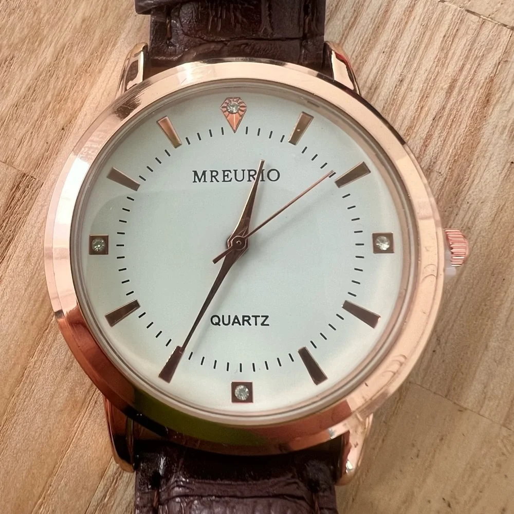 NIB Mreurio mens rose gold tone brown leather dress watch NEW BATTERY